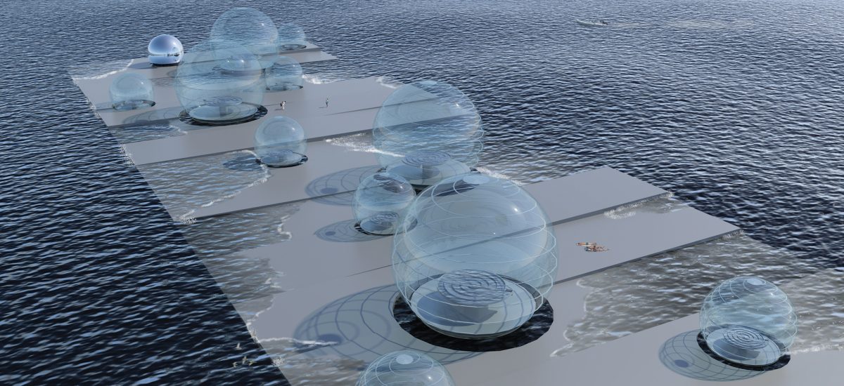 Big Balls, a submission to the 2016 Land Art Generator Initiative design competition for Santa Monica Large energy generating balls on the horizon.