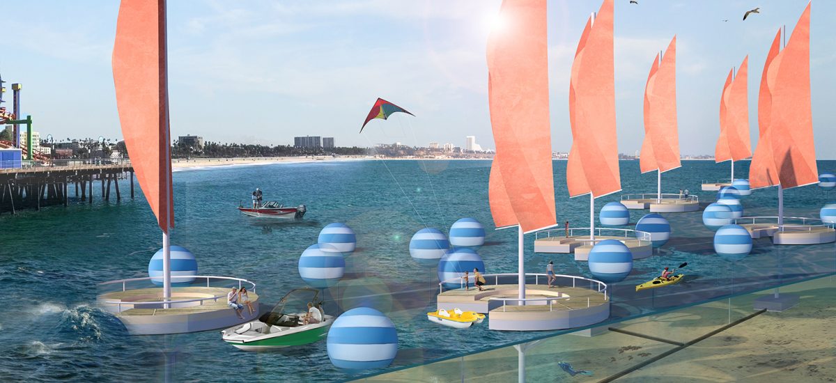 Catching the Wave, LAGI 2016 Catching the Wave utilizes the relationship of a sail ship and its mooring, and exaggerates the scale of both silhouettes. The fleet is moved to the west side of the breakwater to capitalize on the raw energy of the ocean’s waves.