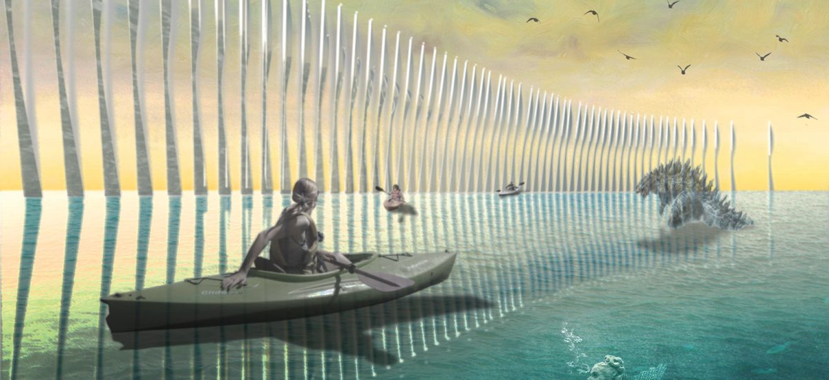 ESTHER, a submission to the 2016 Land Art Generator Initiative design competition for Santa Monica This dynamic movement is accentuated by the reflective fiberglass material, which creates a play of shadows across the surface of the water. At the same time, the water is mirrored on the masts, reflecting a fragment of the sea into the horizon. The form of the masts is derived from the abstraction of a synchronized swimmer’s leg and aerodynamic sailing spars.