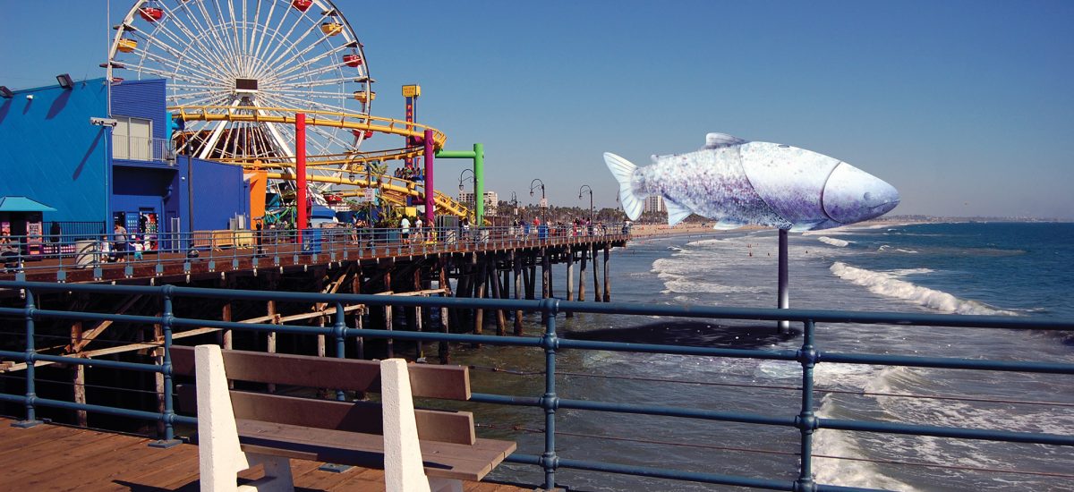 The Flying Steelhead of Santa Monica, a submission to the 2016 Land Art Generator Initiative design competition for Santa Monica iridescent steel and reflecting water features represent steelhead fish, symbolizing ecological connection and sustainable power generation for the city