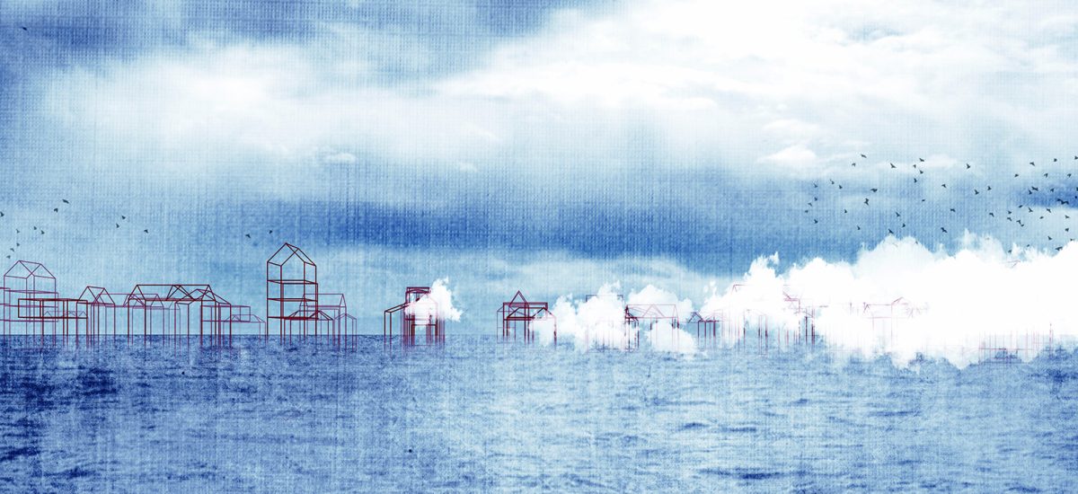 Follies and Fog, LAGI 2016 Each of the bright red follies is an abstraction of a house type found in a district of Santa Monica. The follies are connected to a floating grid of buoy-type wave energy converters. Each folly is directly responsible for powering 10 homes within the City of Santa Monica.