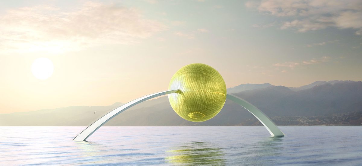 Light Drop A shimmering arch with a large golden ball in the center sits on the horizon.