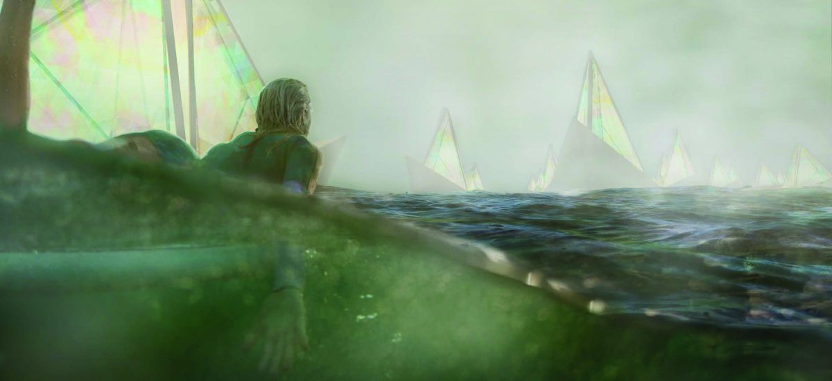 Paper Boats, 3rd Place Winner, LAGI 2016 featuring boat-shaped installations that used Holographic Planar Concentrator (HPC) technology to generate solar power, creating a habitat for marine life while recalling the area's boating history