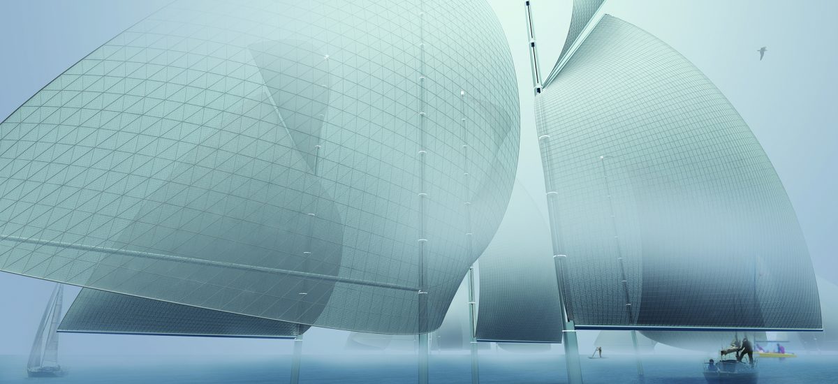 Regatta H2O: Familiar Form, Chameleon Infrastructure a series of futuristic sails that harvested clean energy (wind) and fresh drinking water (fog) for the city, blending art with sustainable infrastructure