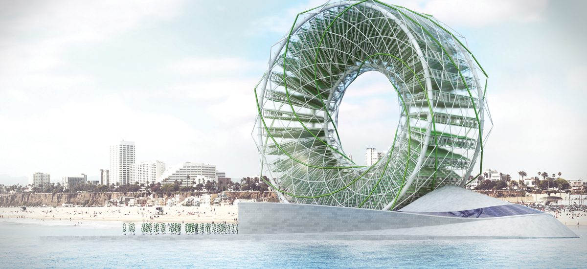 RING GARDEN, a submission to the LAGI 2016 design competition for Santa Monica, California Ring Garden looks like a Ferris Wheel in the water. The structure is oriented south for best sun exposure. Ring Garden is tilted approximately 8.5 degrees so that on Earth Day (April 22) the sun seen from the Santa Monica Pier will set through the middle of the wheel.