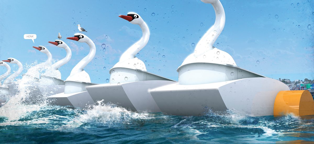 WAKE UP Large swam shaped sculptures in the water.