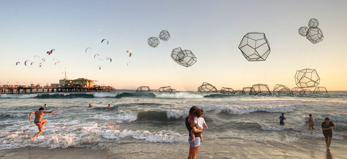 Weightless Balloons, a submission to the 2016 Land Art Generator design competition for Santa Monica Weightless Balloons is a set of ethereal bubbles emerging from the sea, floating on the surface, moving to the rhythm of the waves.