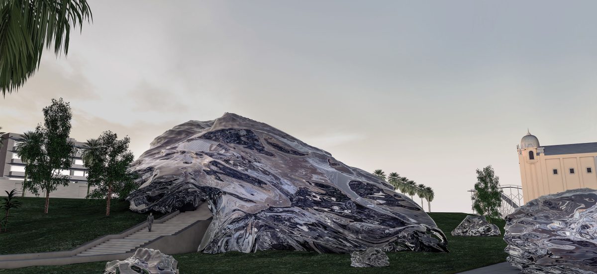 Glass Boulders Referencing the coastal terrain of the region, Glass Boulders captures the natural processes of sedimentation by layering recycled glass that is coated with luminophore dyes, resulting in transparent solar panels (luminescent solar concentrator).