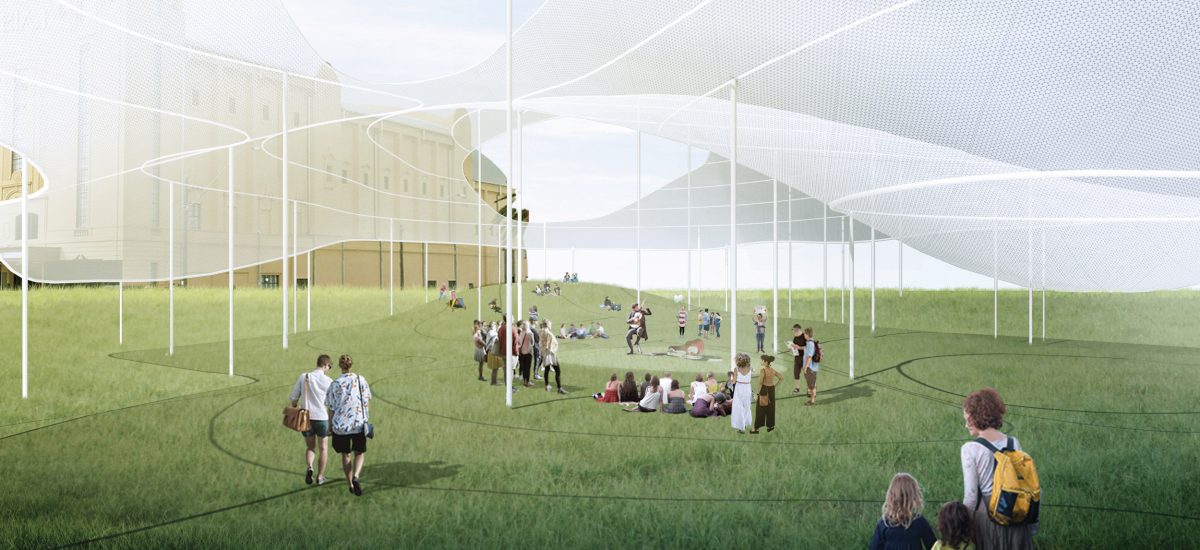 Head in the Clouds, LAGI 2018 A translucent tensile fabric embedded with Sphelar® solar cells is used to transform a typical flat roof canopy into a billowing cloud-like structure, creating rolling peaks that orient towards the north to collect maximum sunlight. The innovative Sphelar® solar cells woven into the structural fabric are spherical in shape and capture solar energy from all angles.