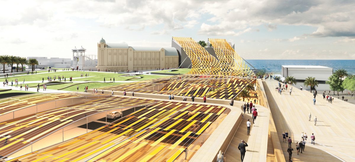 This exciting landform artwork weaves solar, wind, plant fuel-cell energy harvesting, and battery storage into the landscape of the St Kilda Foreshore.