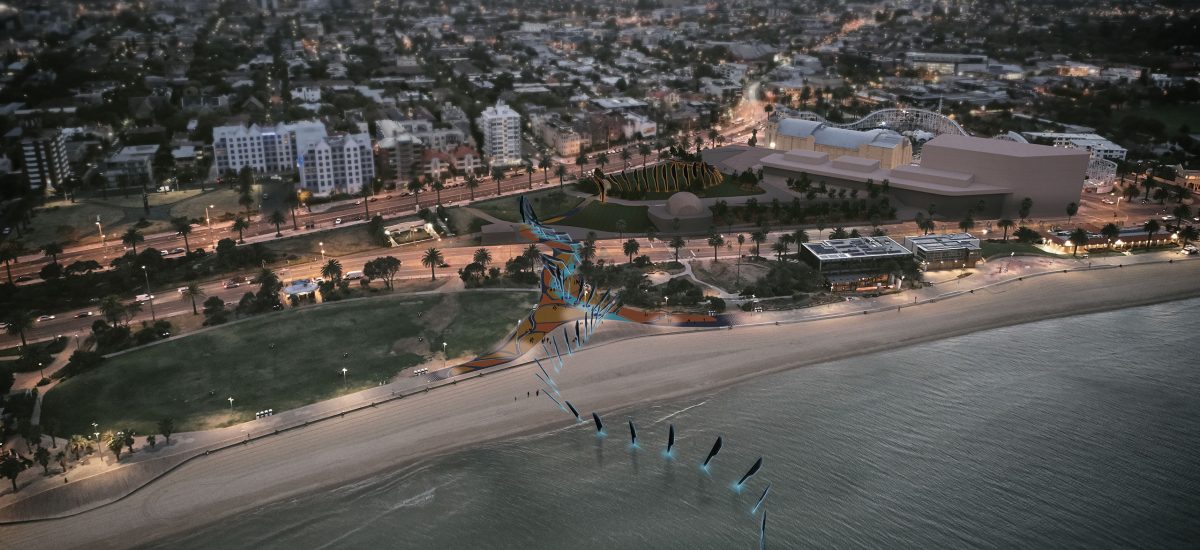 Ngargee Designed in collaboration with First People, Ngargee comprises a series of feather-like forms that represent the feathered wings of Bunjil. The feathers that create the installation’s structure are coated with photovoltaic thin-film on all surfaces.