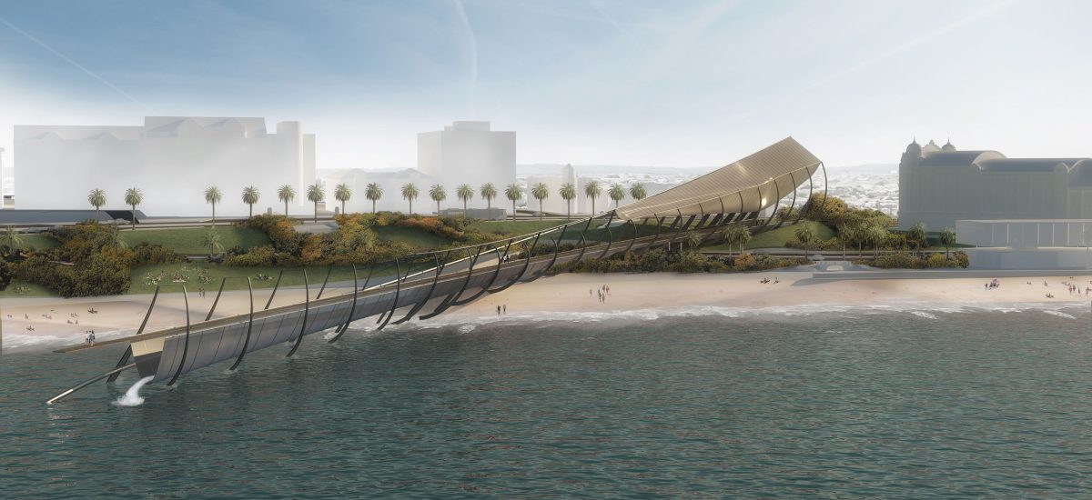 Night & Day, LAGI 2018 Suspended above the walkway are a solar sail and water vessel, exhibiting the generator’s transformation of sun and water into power.