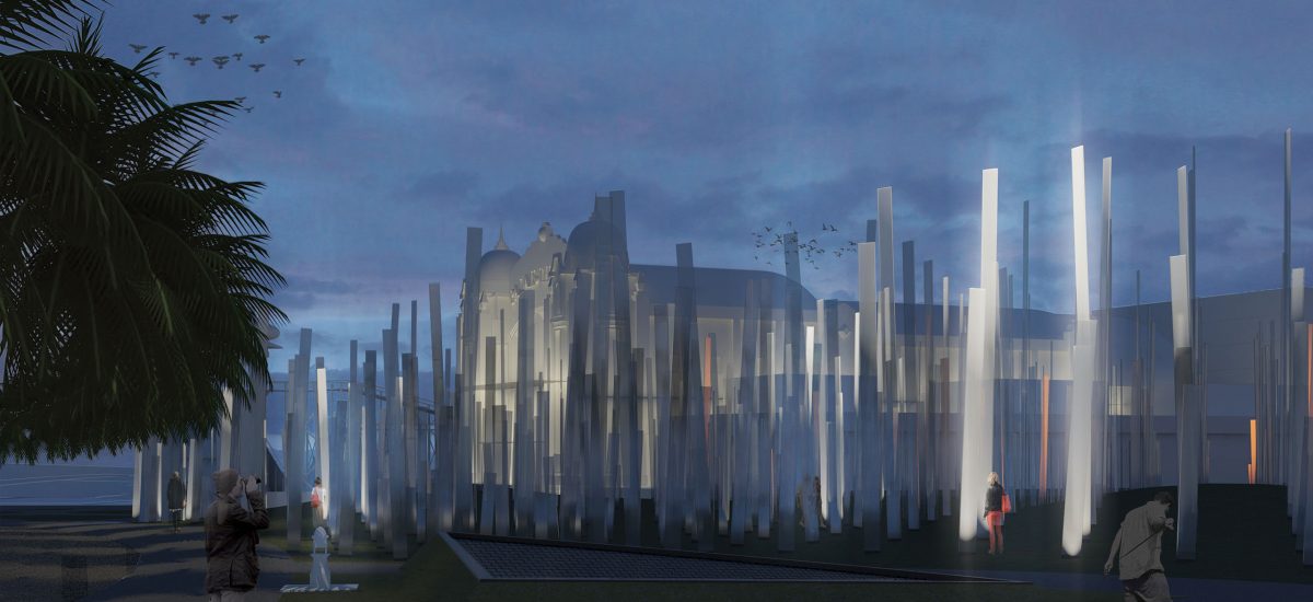 Pitch, LAGI 2018 The composition of PITCH! protects important vistas between The Esplanade and St Kilda Beach, with views directed to important points of interest across the area by arranging the glass panels with varying heights and orientations. The use of clear glass blends the sculpture seamlessly into its surroundings, scattering light in delightful ways—all while maintaining viewsheds from every angle. An energy storage facility is placed within an earth berm adjacent to the artwork.