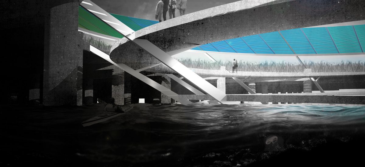 Sentinel: Marking Energetic Flows Through Time, A crown of elevated dye-sensitized solar cells (DSSC) functions as a beacon. Through the window of the semi-transparent glass, the angled surface inverts the reading of plan and section, plotting the observer’s specific location in relation to the time of day and to the cardinal points.