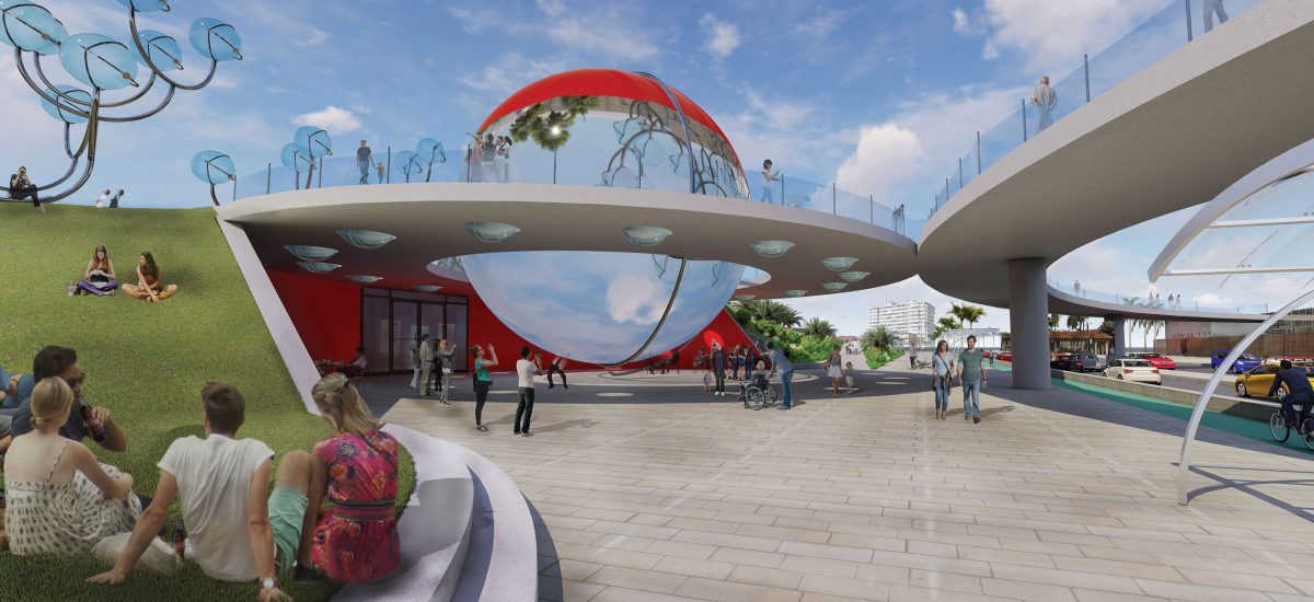 Solar Orbs, LAGI 2018 Each orb is made of a clear acrylic sphere filled with water and supported by 20 stainless steel structural components. The large orb has a diameter of 16 meters while the small orbs have a diameter of 1.8 meters. Turning the landscape upside down, the artwork allows visitors to experience St Kilda Triangle anew.