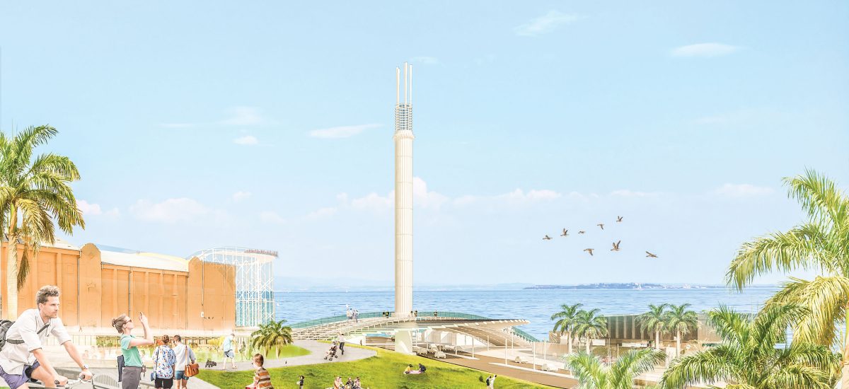 Sol Tower, LAGI 2018 In keeping with the sense of adventure and play embodied by Luna Park, the new Sol Tower features a vertical drop ride where fun seekers cheer as they drop down along the updraft tower shaft overlooking the vistas of St Kilda and the Melbourne skyline. Incorporating balanced counterweights, the ride is powered entirely by the solar updraft tower.