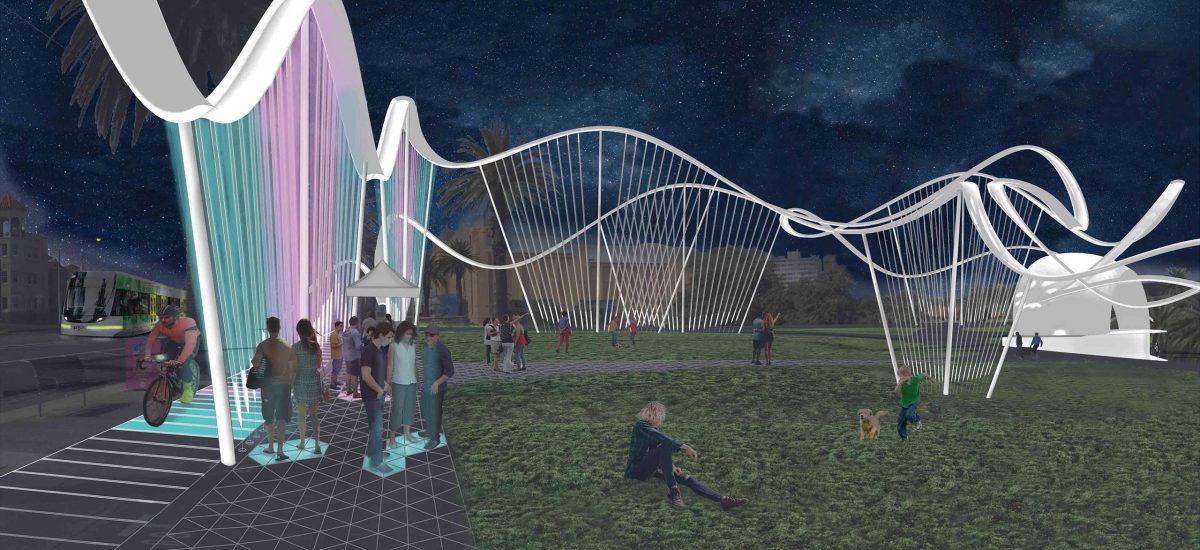 Soundscape, a submission to LAGI 2018 Melbourne Visitors experience first-hand the power of a footstep and the energy potential of a single concert. While dancing, jumping, and moving on Soundscape visitors see their movement come to light before their eyes on the “Acoustic Shell” sound stage, along the length of the “Wave,” and below their feet along the “Power Paver” walkways. Entertainment and energy are intertwined, making the invisible visible and turning light into music.