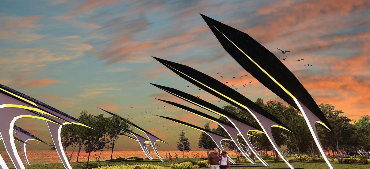 Stealing Fire Arrays of large-scale feather sculptures stand on the top of each hillock, arranged in a position reminiscent of the crow’s tail feathers and aligned to the north for maximum sun exposure. Each individual feather sculpture measures 6.5 meters high, 1.5 meters wide, and 9.5 meters long.