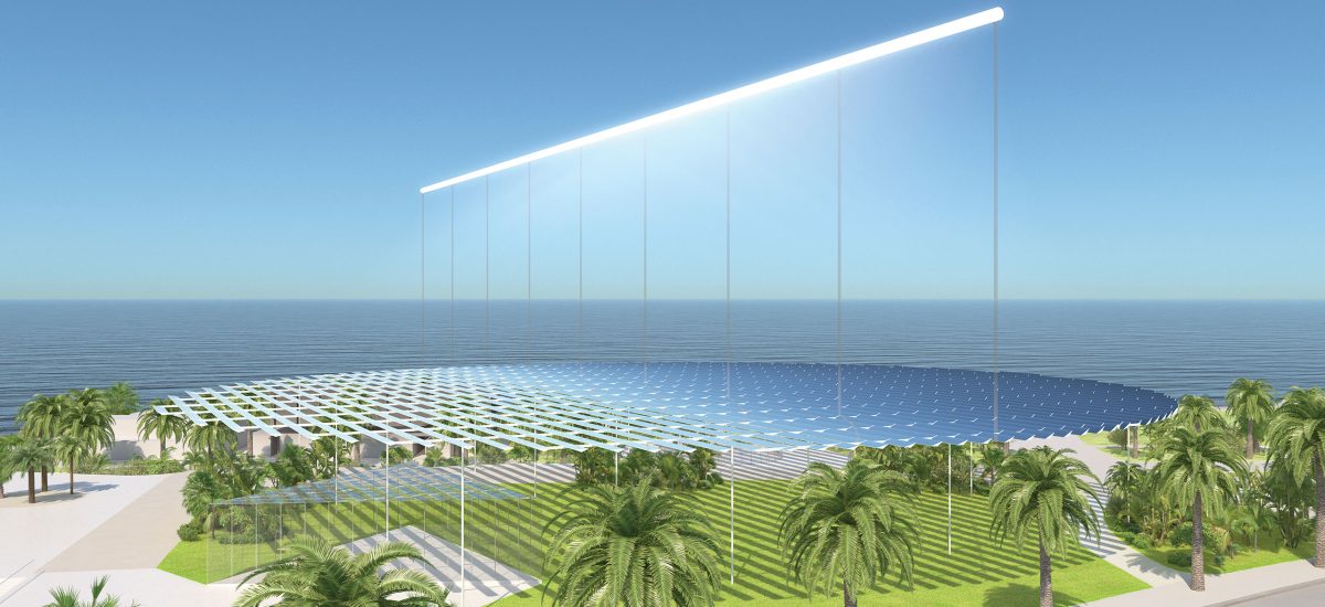 Sun Ray, LAGI 2018 A round solar field of parallel flat mirrors (a “specular sun” 85 meters in diameter) reflects the sun’s rays and converges them onto the linear absorber of solar power—the fixed north-south receiver situated in the reflectors’ common focal point. This dynamic canopy is composed of linear mirror rows equipped with a single-axis tracking system to ensure that sunlight is always concentrated on the linear receiver.