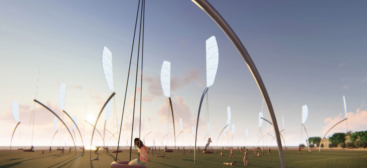 Swings, LAGI 2018 When the sea breeze blows through the bustling Port Phillip Bay, it drives a group of huge swings into gentle sway. People come to watch and participate from the neighborhood, the beach, the Palais Theatre, and Luna Park.