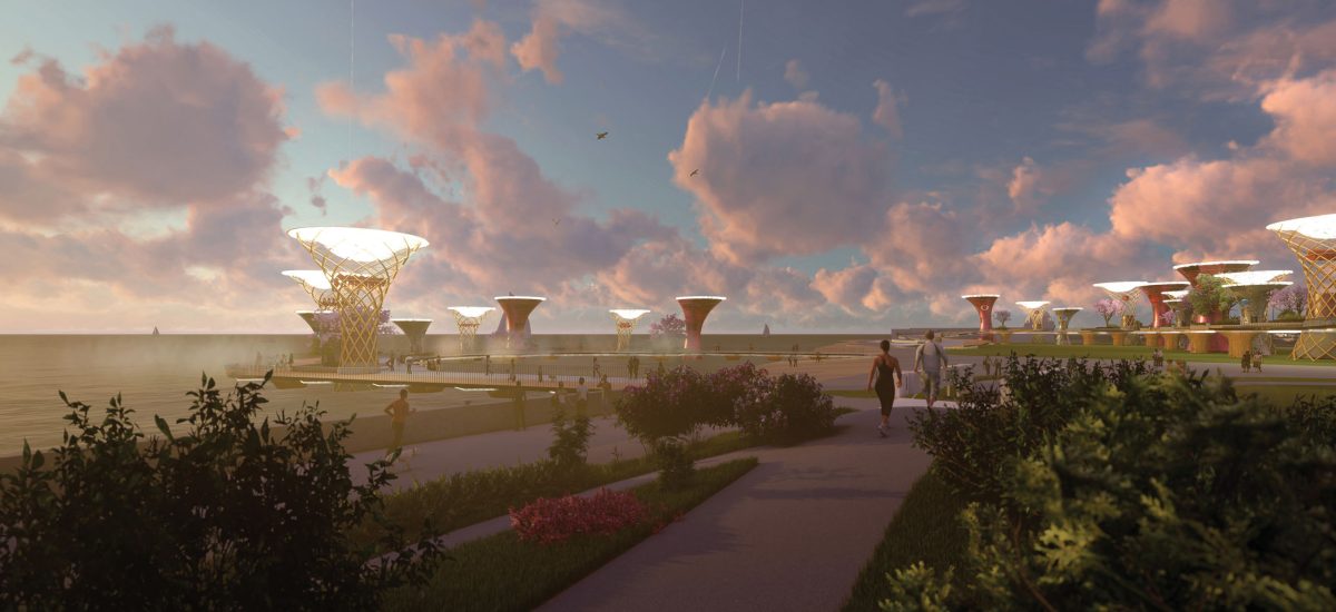 The Canopy, a submission to LAGI 2018 Melbourne The Canopy is a modular, urban renewable energy park that employs biomimicry within art, architecture, and landscaping to capture all potential renewable energies within the site—much like a natural tree canopy. Similar to real trees, the canopy follows the topography of the site, responding to each localities’ contextual needs to provide empathetic structures.