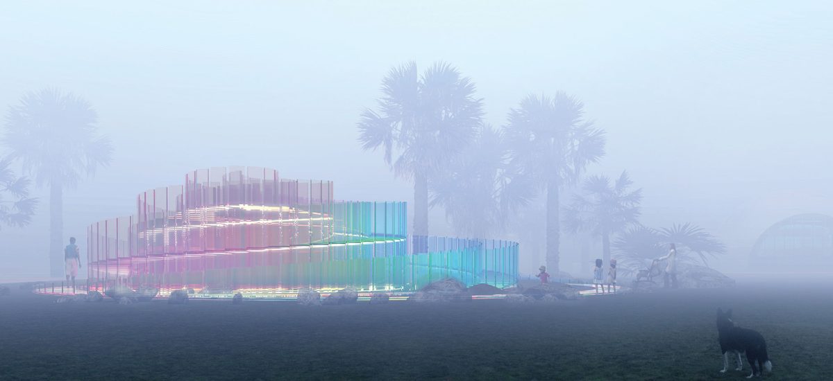 The Rainbow Serpent The artwork takes the form of two rainbow colored glass spiral staircases, which intermingle with each other and connect in the center to form a loop. The entire staircase—including the handrails, treads, risers, and columns—is constructed of a new kind of transparent solar module, a luminescent solar concentrator.