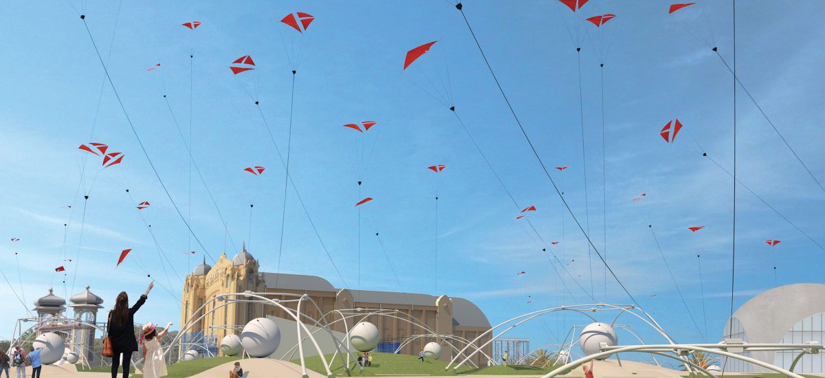 UNWIND, LAGI 2018 Capturing the spirited tradition of flying kites, the artwork simultaneously brings energy right to the hands of the people who occupy the space. Night and day, UNWIND provides a space to relax, giving visitors a chance to interact with a landscape of frames and spheres on the ground.