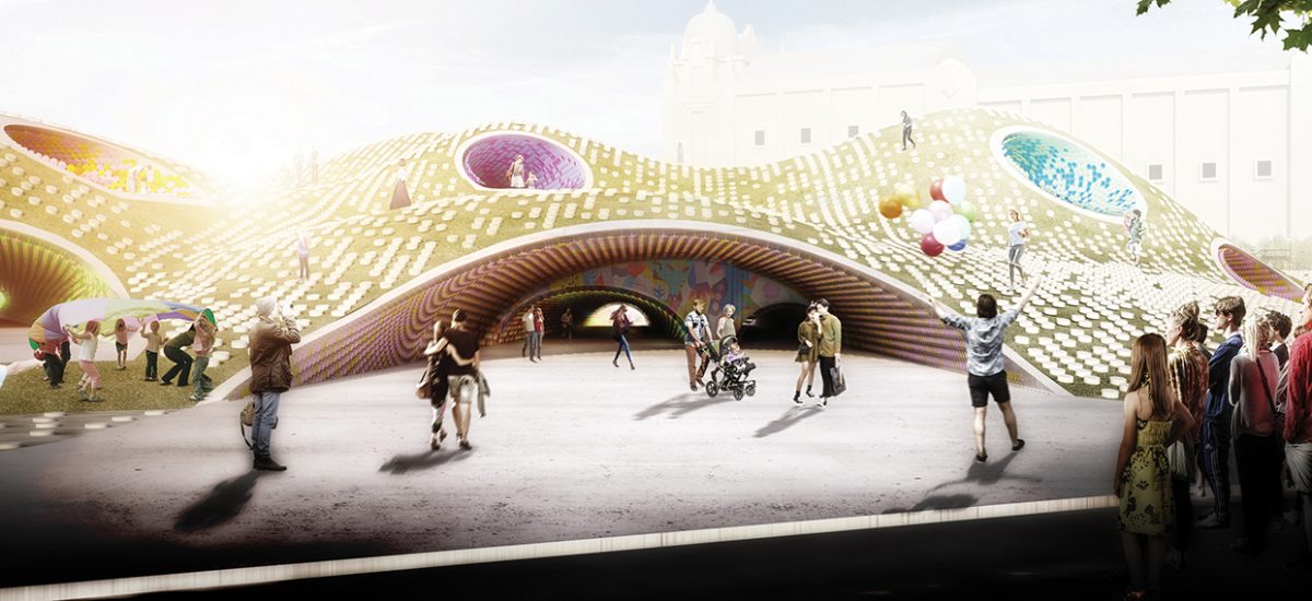 WInd Blossom A man-made landscape that expands and connects green areas around the site also attracts people. A series of wind tunnels are carved to create major pedestrian underpasses optimized in shape and direction according to the site’s wind conditions.