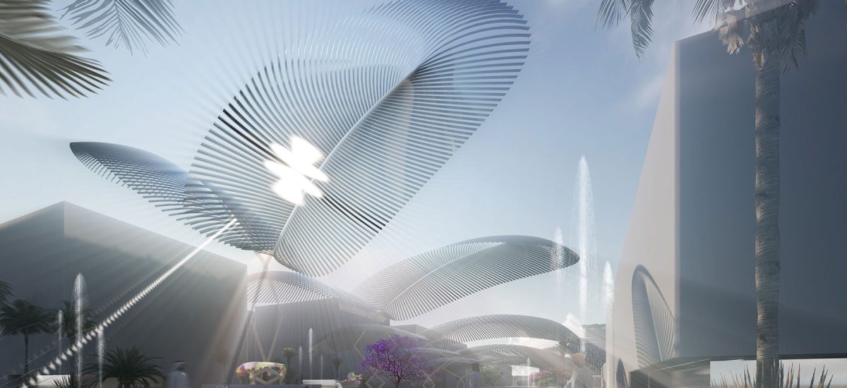 Inspired by the geometry, structure, and intricate patterns of a palm frond, Solar Seesaw is a series of biomimetic photovoltaic thin-film solar modules arrayed in smooth fin shapes, sprouting in symmetrical pairs from raised podiums in the park. As in desert oases, these kinetic orchards create a pleasant outdoor microclimate and an inviting communal space. Just like palm foliage, the leaves perpetually collect solar energy, filter solar radiation,