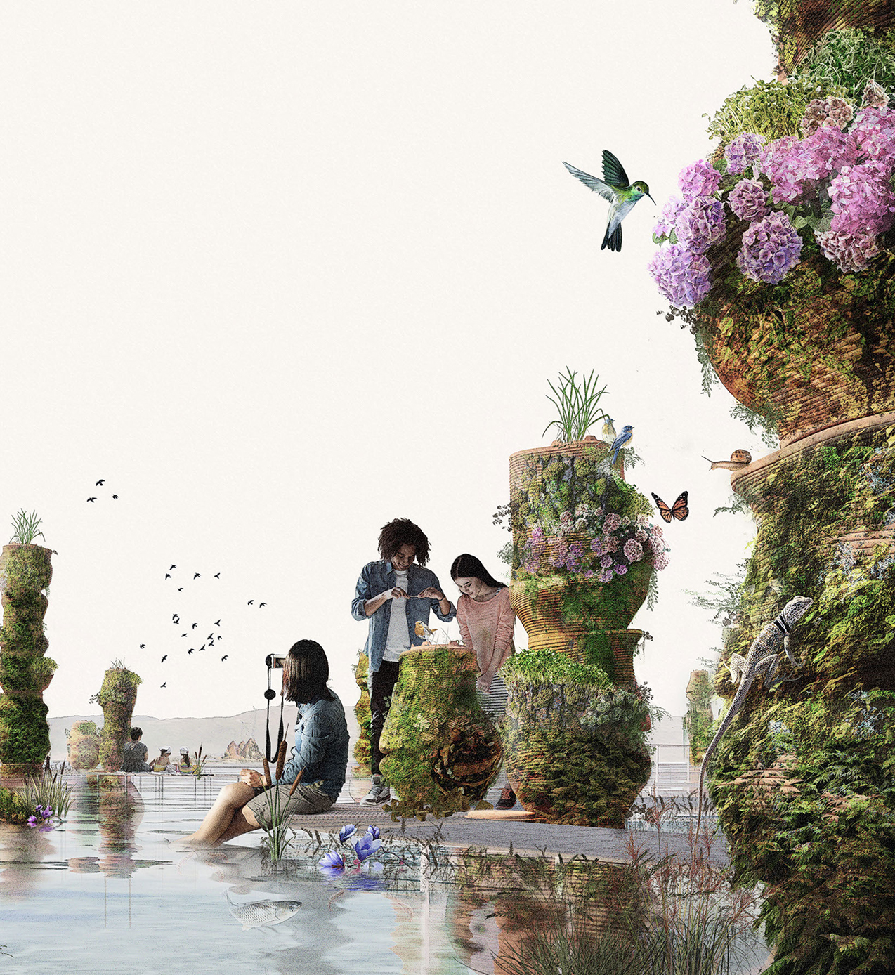 Aqua Planterra by Felix Cheong, Haley Zhou, and Rachel Cohen-Murison uses locally sourced clay vessels and coiling pottery techniques to contribute 70,000 liters of potable water/year/vessel, 684 cups of edible plants and herbs per year/vessel, educational programming for the local community, sustainable goods for a circular economy, and enhanced habitat for local species. Shortlisted proposal to the LAGI 2020 Fly Ranch Design Challenge.