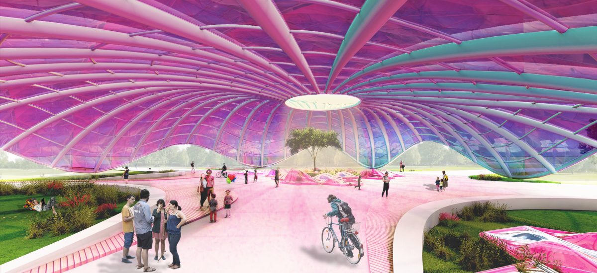 Artee demonstrates a high-performance adaptive kinetic solar pavilion with sun-tracking solar thin-film towers and energy-harvesting landscapes. It actively engages the community to participate in a regenerative urban environment.