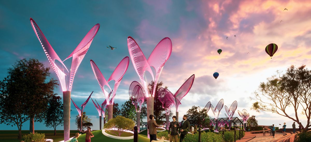 Energiebaum redefines the idea of the tree — harvesting the energy of the sun, collecting water in its leaves, and creating beautiful dynamic spaces by way of its relationship to its surroundings. The artwork blends into Spinelli Park, complementing the natural trees within clusters or as individual units, and delighting visitors with its ever-changing form.