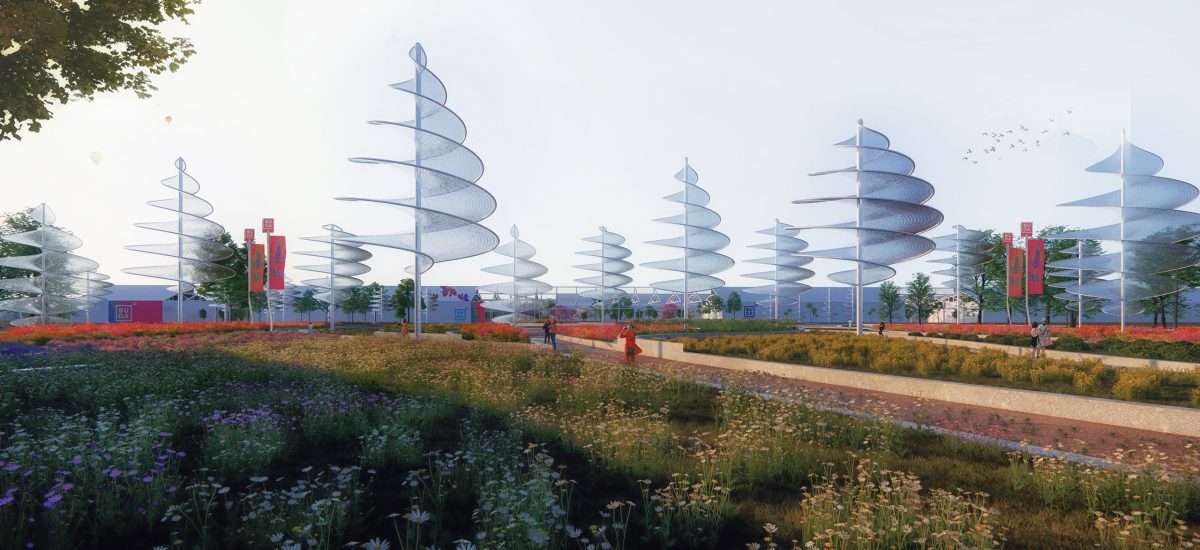 The membrane of eTREE — an abstraction of tree leaves — is 3D printed from recycled wood cellulose filament. This fibrous material is lightweight and durable, and can withstand a large amount of tensile stress.