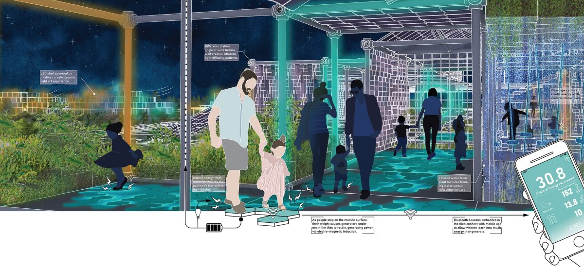 HyperSquares imagines Mannheim’s post-carbon future with a cluster of installations that emerge from the landscape in the form of dunes of stacked cubes.