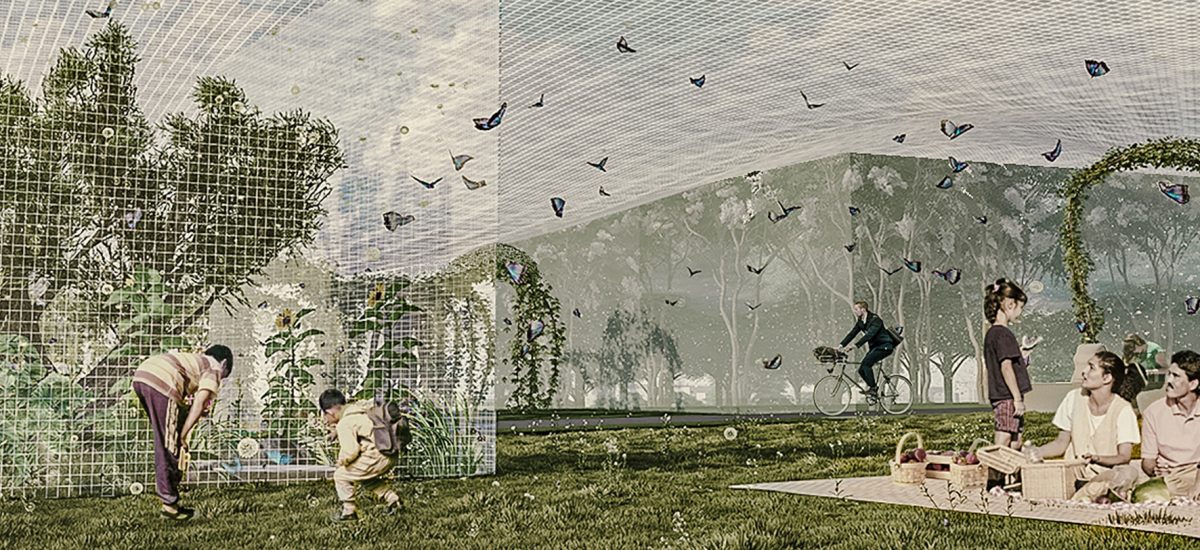 The solar canopy that defines the artwork is a woven 96% open mesh incorporating a multitude of micro-spherical solar cells.