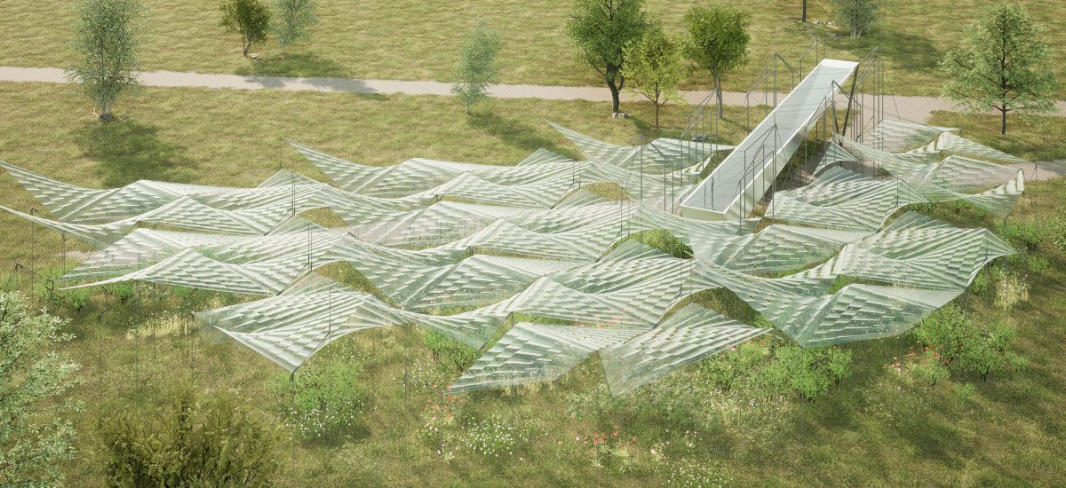 An undulating, shimmering, translucent surface stretches across a segment of Spinelli Park. From a distance it appears as a floating Plane of Water above a thriving garden, creating a peaceful space for reflection in the heart of the city.