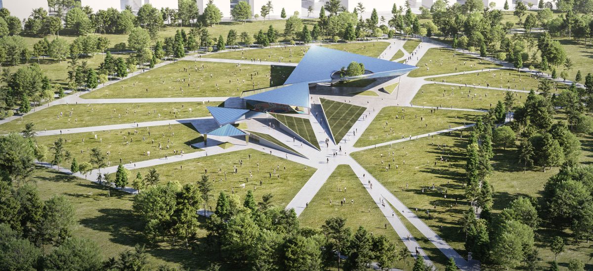 From a distance, Sky Wings seems to dissolve into the landscape, its lowprofile forms casting shimmering reflections of the grass and clouds. As visitors get closer, they see the geometry of the artwork as a series of four rhomboid kites that resemble a flock of birds taking flight.