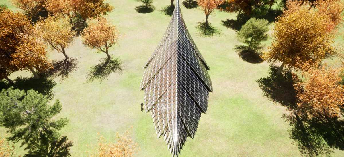 Solar panels with 50% transparency are arrayed across a structural timber framework made from sustainably sourced wood to create a sweeping form in the landscape and filter dappled sunlight into an open space below. The geometry is derived from the profile of a birch leaf, pinched and folded along its midrib and curving gently into the sky in a north-south orientation.
