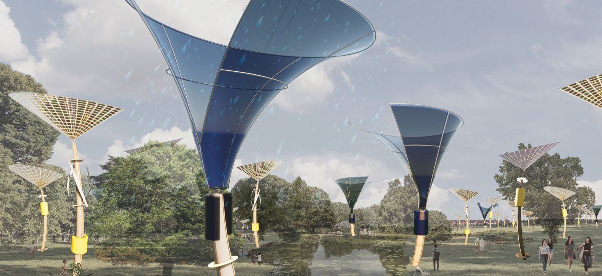 Groupings of treEcoTopia modules are clustered to mimic the naturally occurring distribution of trees. Nearby playgrounds and exercise equipment are designed to generate additional clean energy from the movement of the swings, merry-go-rounds, seesaws, and stationary bicycles.