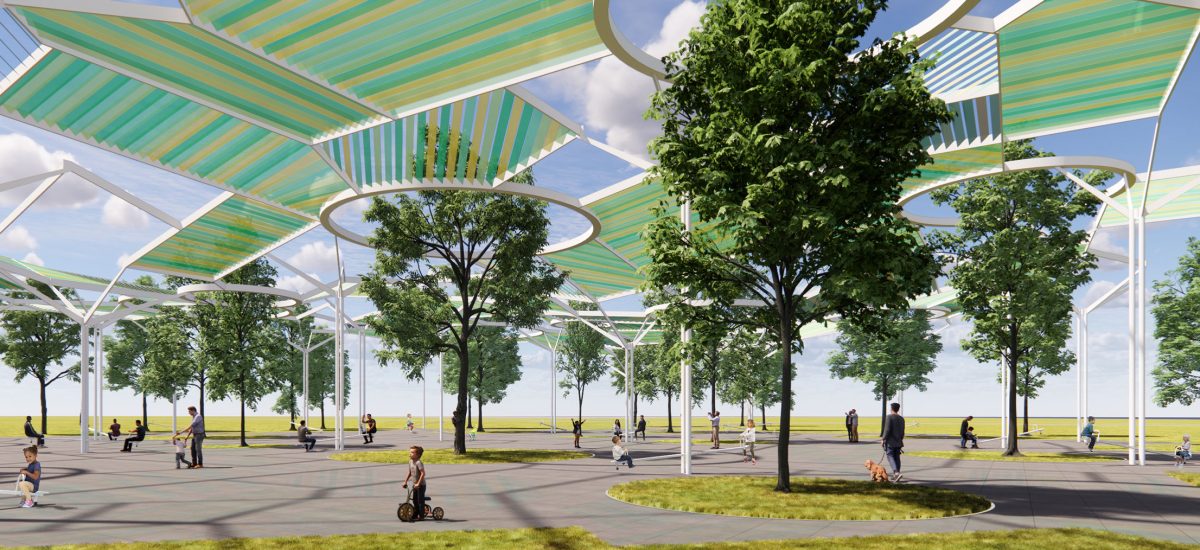 Colorful louvers above comprise 1,450 square meters of color laminated solar modules that provide a comfortable microclimate in the park. Twenty-three tree-like vertical columns support the long-span beams and compression rings that allow the natural trees to grow up above the canopy uninterrupted.