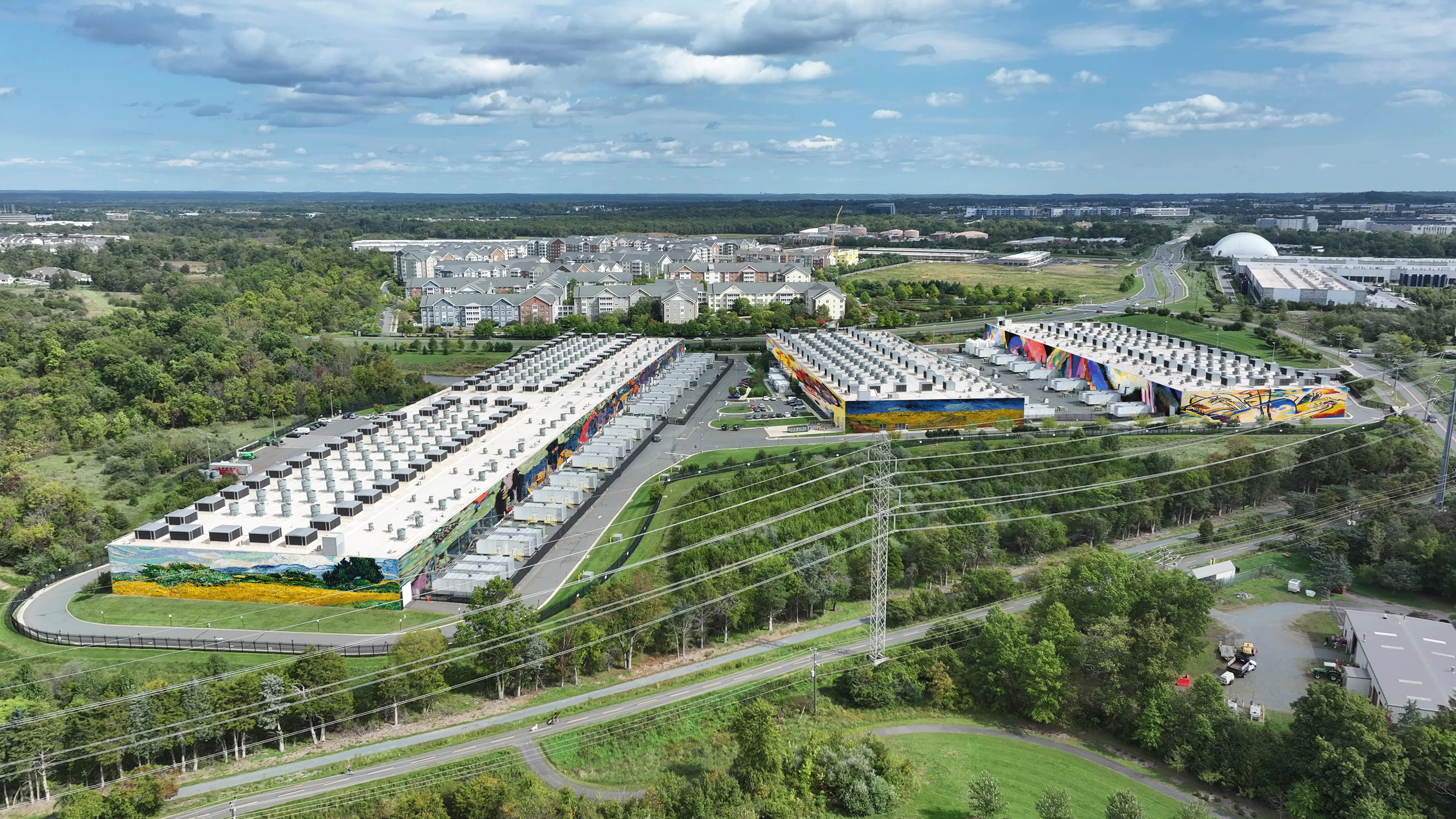 LAGI Solar Murals cladding the east, south, and west facing facades of large data centers can engage local artists and community, tell stories about pride of place, and function to offset some of the energy demand of these new infrastructures. Image shows the before and after of what data centers can look like when covered with art.