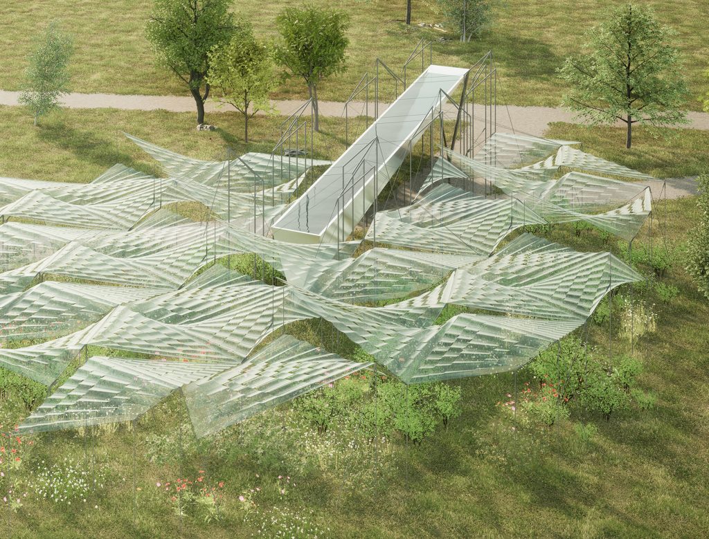 Plane of Water by Zsuzsa Péter incorporates organic photovoltaic (OPV) solar to generate 40 MWh each year. The artwork provides additional social co-benefits including shaded public space, water harvesting, and urban garden.