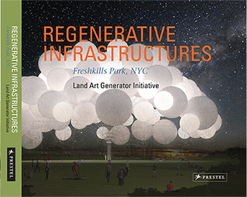 Cover of Regenerative Infrastructures. Dark night scene with artwork illuminating the park.