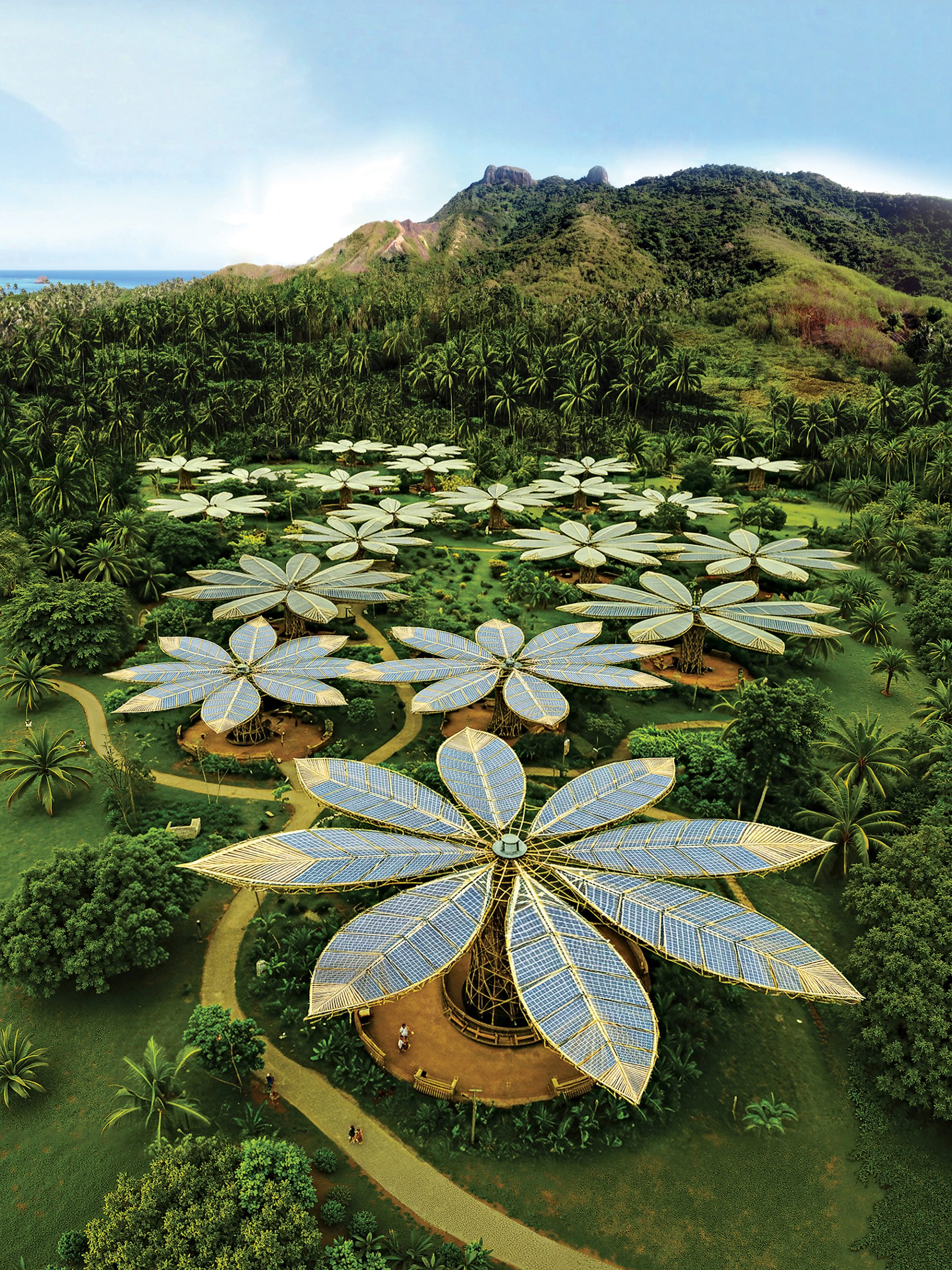 Solar Leaf by Iman Sheikhansari (Iran) incorporates solar photovoltaic, battery storage, and rainwater harvesting to produce 120 MWh of electricity and 600,000 liters of filtered each year. A submission to LAGI 2025 Fiji, held in collaboration with the Village of Marou.