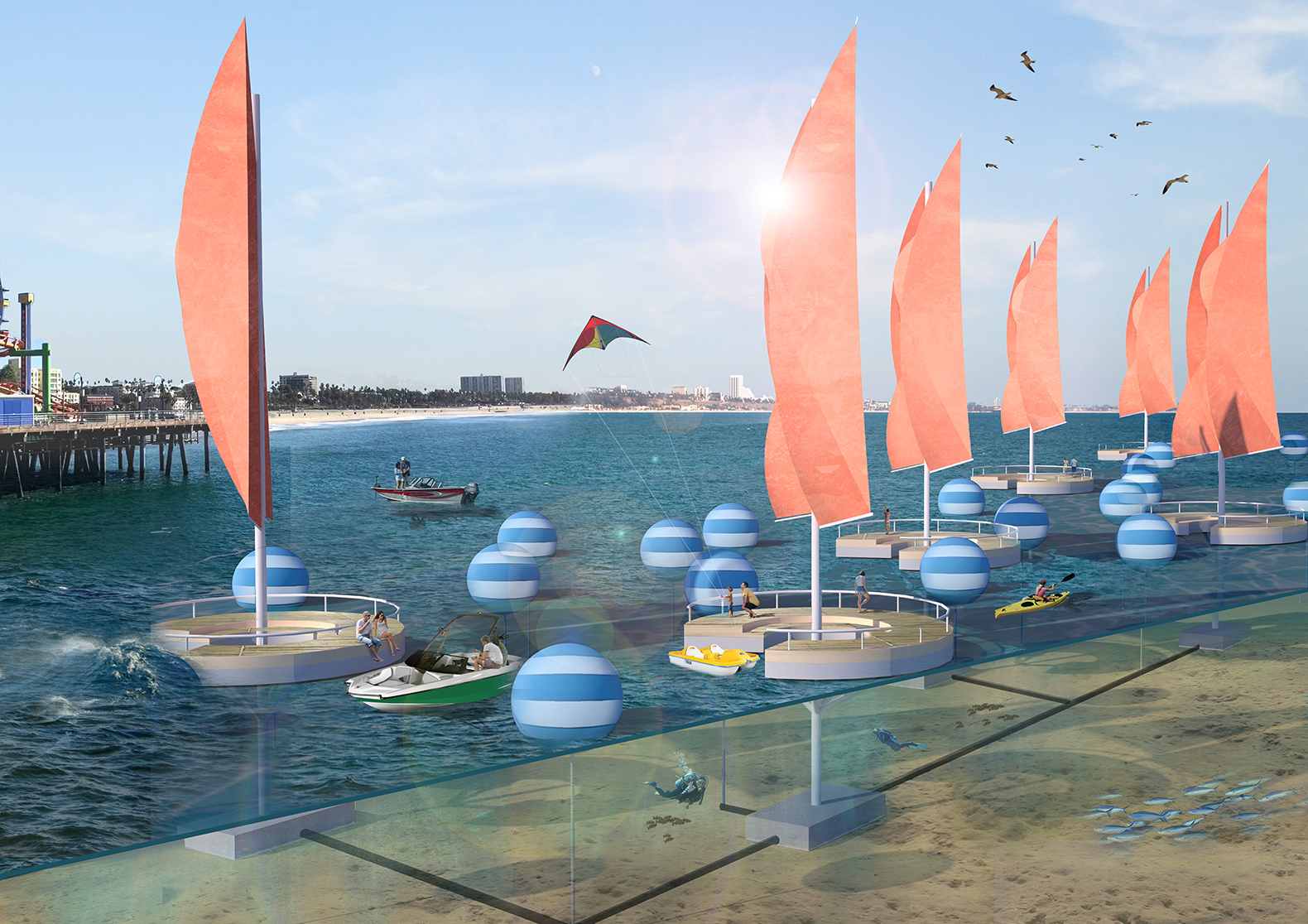 Catching the Wave, a submission to the 2016 Land Art Generator Initiative design competition for Santa Monica

Christina Vannelli, Liz Davidson, Matthew Madigan

Team Location: Hamilton, Ontario Canada

Energy Technology: Point Absorber Wave Energy Converter (similar to CETO™ by Carnegie Wave Energy)

Annual Capacity: 16,000 MWh