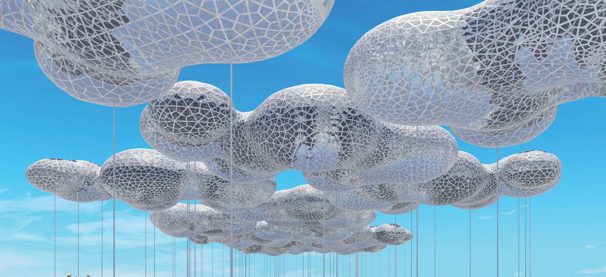 The design is based on a repeating module that can be rotated to create the perception o f the randomness of a natural sky while simplifying the fabrication process. The geometry of the Cloud maximizes the surface area f or energy production while maintaining a limited f ootprint over a ground plane o f white stained cork, which creates a soft ground with acoustic absorption properties.