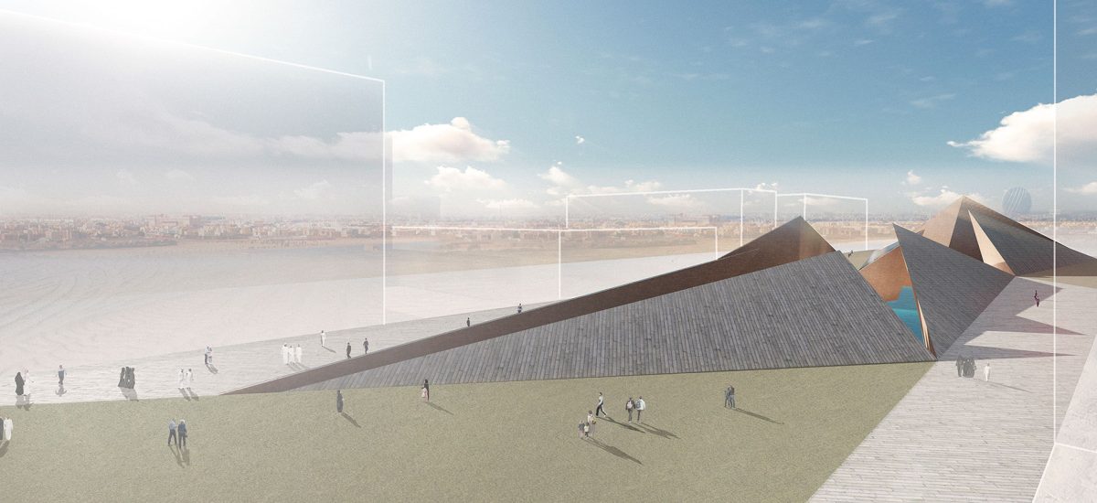 Thirty-two hundred square meters of high-performance photovoltaic solar panels are integrated into the southfacing planes of the sculpture. In the center of the installation is an upper reservoir where water is stored with potential energy, acting as a type of battery until energy is demanded after the sun has set and the PV panels can no longer produce. Deep below the ground is a second reservoir into which water flows to generate electricity with hydroelectric turbines.