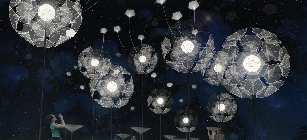 Located as a gateway to the city, the park is covered by an installation of twenty giant Dandelions. As the wind blows, these structures appear to break up into eighty flying components—achenes gliding playfully in the breeze as they search for their future and their fate. The journey ends with forty planted achenes that find their place on the ground to bring new life to Masdar City and to spread awareness about the force of nature throughout the UAE and the world.