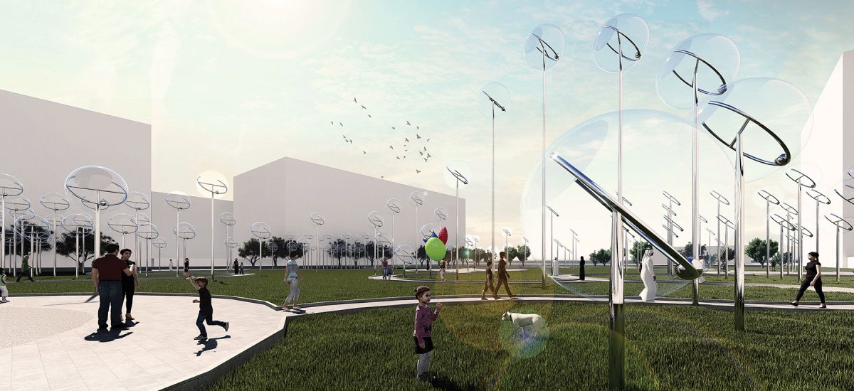 Each Eye is composed of a stainless steel-clad structural column, convex lens, solar panel, and a mechanical and electrical control system. Following Eye uses convex lenses to gather solar energy onto high-performance, multi-junction solar panels. Planetary gears allow the convex lens and PTV modules to rotate simultaneously on two axes, orienting the Eye to the sun during its path across the daytime sky.