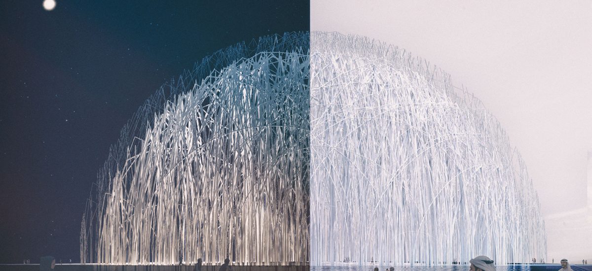 The artwork exists at the center of a broader network of energy-generating infrastructure that engages the surrounding buildings in an auxiliary and participatory role. Thousands of heliostats (sun-tracking mirrors) on surrounding rooftops concentrate the energy of the sun to power steam turbines and generate clean electricity.